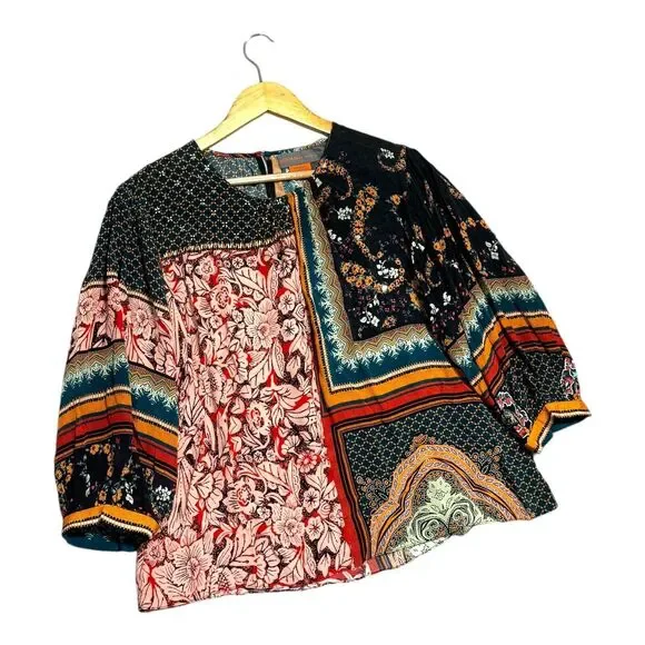 ANTHROPOLOGIE WOMENS BOHO BLOUSE SMALL MULTICOLOR BEADED SEQUIN FLORAL PRINT - Picture 4 of 16